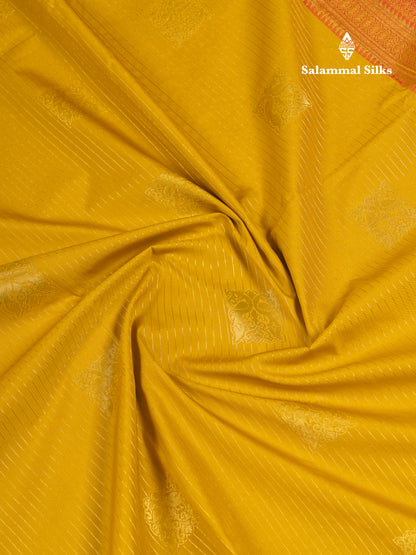 Beautiful Mustard Yellow Semi Silk Saree With Contrast Red Traditional Evening Morning Border