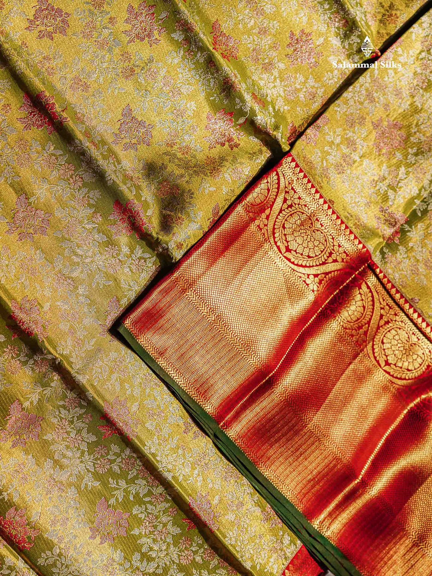 Manthulir Green Pure Kanjivaram Silk Saree With Contrast Red Border