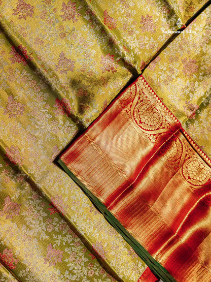 Manthulir Green Pure Kanjivaram Silk Saree With Contrast Red Border