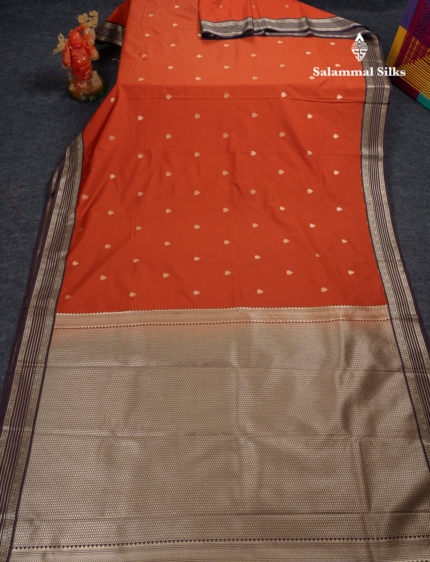 Beautiful Rust Orange Semi Silk Saree With Contrast Dark Brown Traditional Medium Border