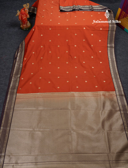 Beautiful Rust Orange Semi Silk Saree With Contrast Dark Brown Traditional Medium Border