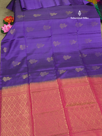 Beautiful Violet Pure Kanjivaram Soft Silk Saree With Contrast Pink Shade Blouse