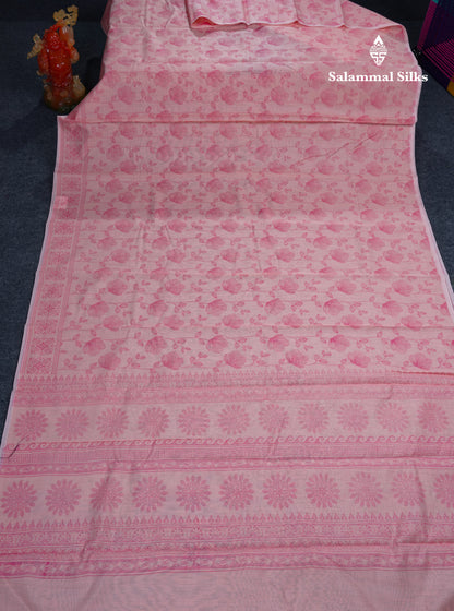 Peach Pink Floral Print Cotton Mix Saree With One Side Border