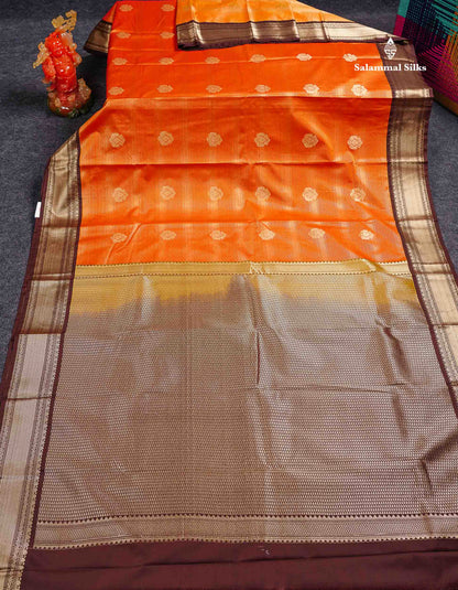 Semi Silk Saree - Orange Butta With Alai Vaira Oosi Lines Along With Contrast Dark Brown Traditional Border