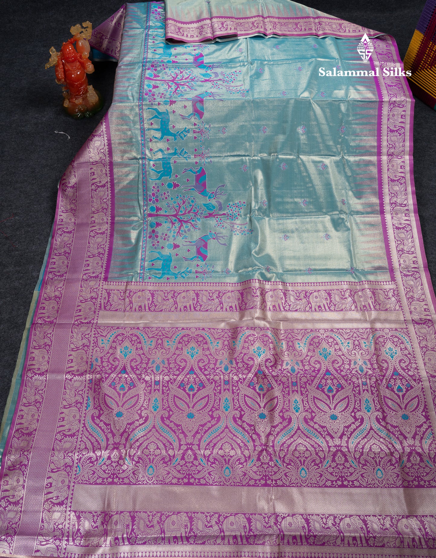 Beautiful Pastel Blue Tissue Semi Silk Saree With Contrast Purple Traditional Evening Morning Border