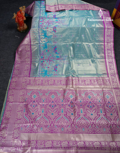 Beautiful Pastel Blue Tissue Semi Silk Saree With Contrast Purple Traditional Evening Morning Border