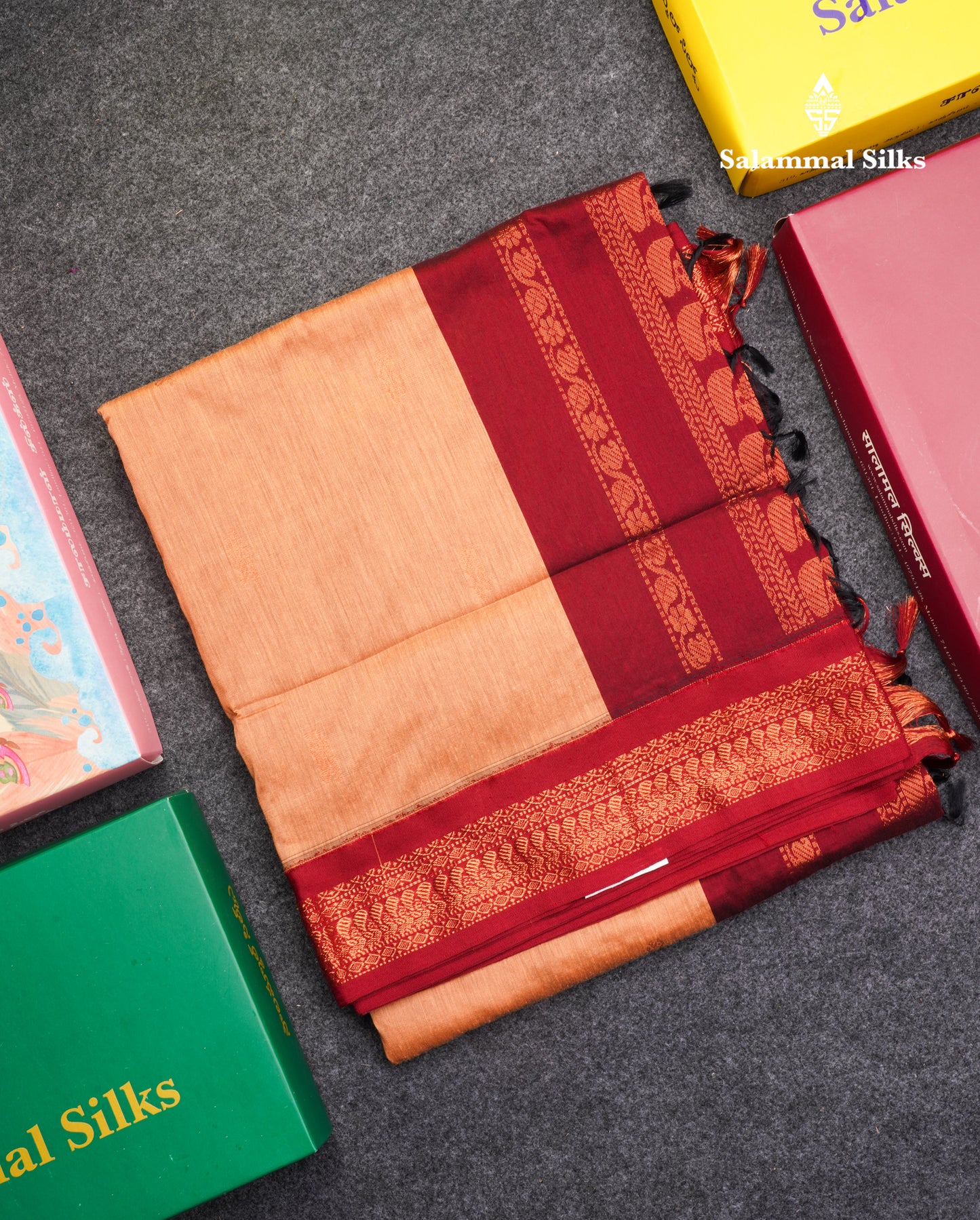 Light Brown Kalyani Cotton Saree With Contrast Dark Maroon Border