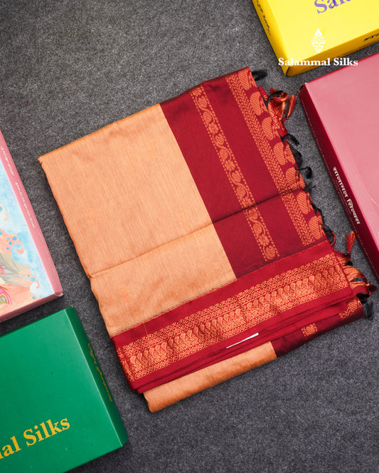 Light Brown Kalyani Cotton Saree With Contrast Dark Maroon Border