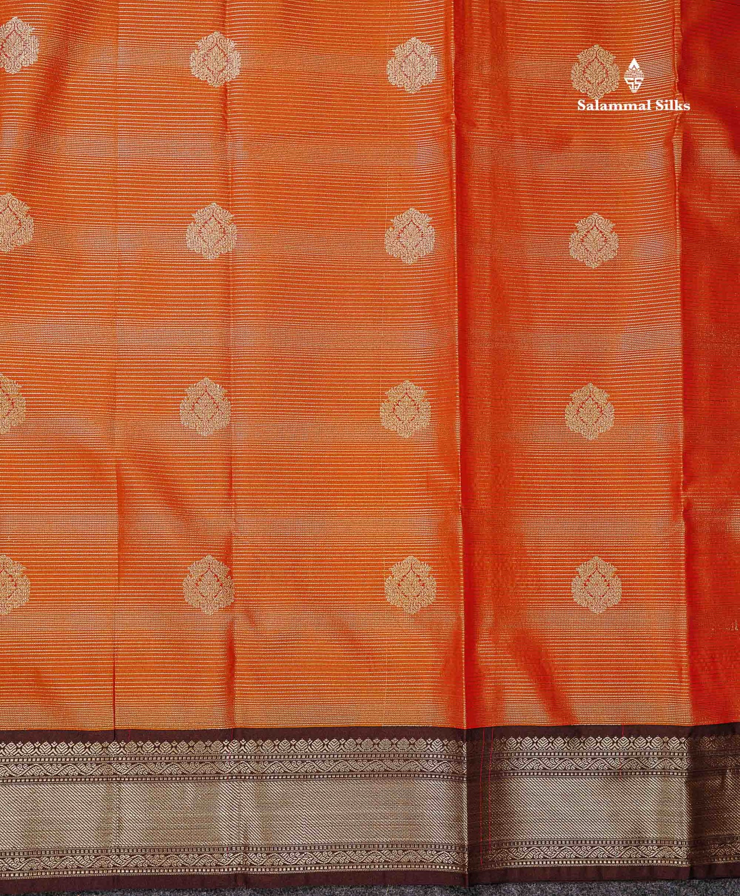 Semi Silk Saree - Orange Butta With Alai Vaira Oosi Lines Along With Contrast Dark Brown Traditional Border