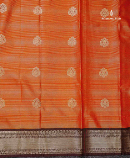 Semi Silk Saree - Orange Butta With Alai Vaira Oosi Lines Along With Contrast Dark Brown Traditional Border