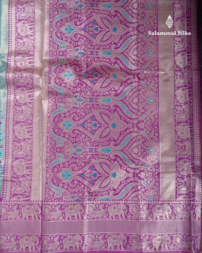 Beautiful Pastel Blue Tissue Semi Silk Saree With Contrast Purple Traditional Evening Morning Border