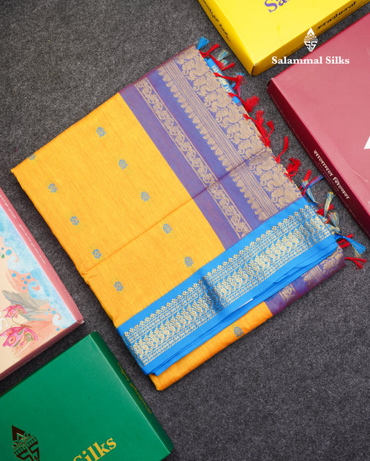 Yellow Kalyani Cotton Saree With Contrast Sky Blue Border