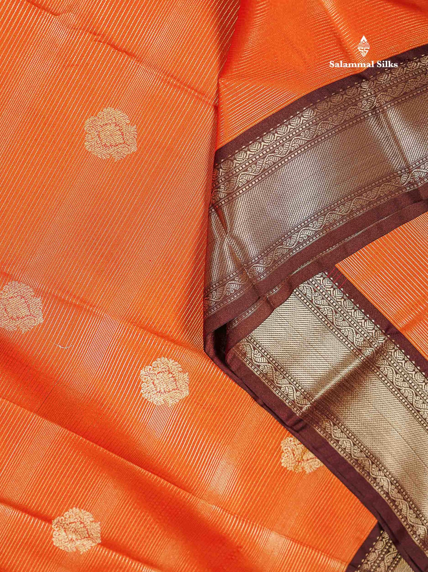 Semi Silk Saree - Orange Butta With Alai Vaira Oosi Lines Along With Contrast Dark Brown Traditional Border