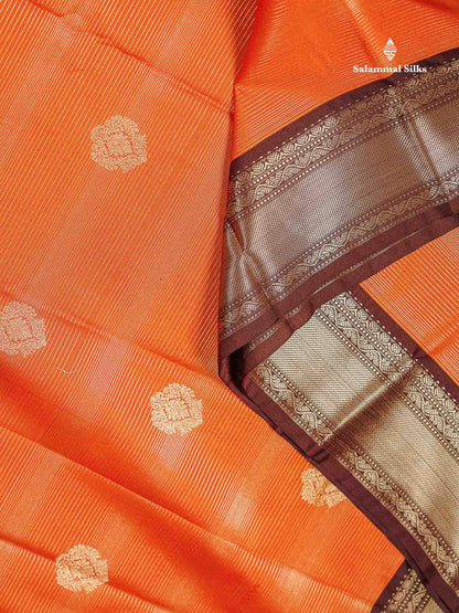 Semi Silk Saree - Orange Butta With Alai Vaira Oosi Lines Along With Contrast Dark Brown Traditional Border