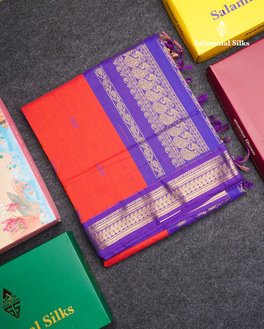 Red Kalyani Cotton Saree With Contrast Violet Border