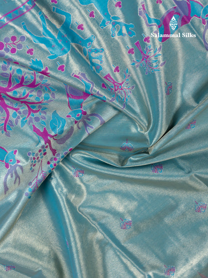 Beautiful Pastel Blue Tissue Semi Silk Saree With Contrast Purple Traditional Evening Morning Border