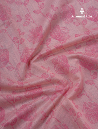 Peach Pink Floral Print Cotton Mix Saree With One Side Border