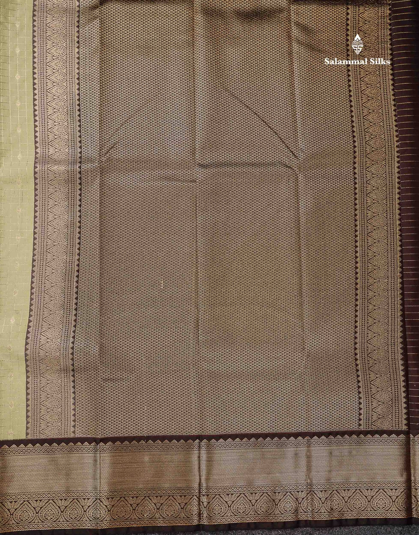 Semi Silk Saree - Light Pista Green Butta With Small Checks Along With Contrast Snuff Brown Traditional Border