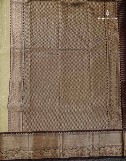 Semi Silk Saree - Light Pista Green Butta With Small Checks Along With Contrast Snuff Brown Traditional Border