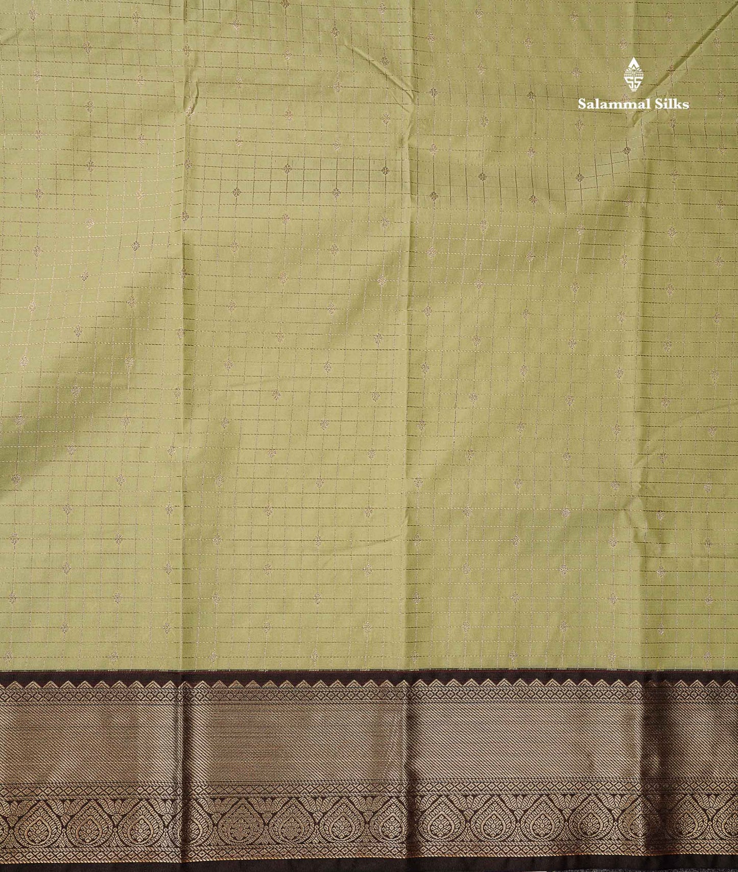 Semi Silk Saree - Light Pista Green Butta With Small Checks Along With Contrast Snuff Brown Traditional Border