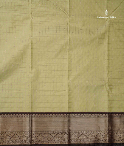 Semi Silk Saree - Light Pista Green Butta With Small Checks Along With Contrast Snuff Brown Traditional Border