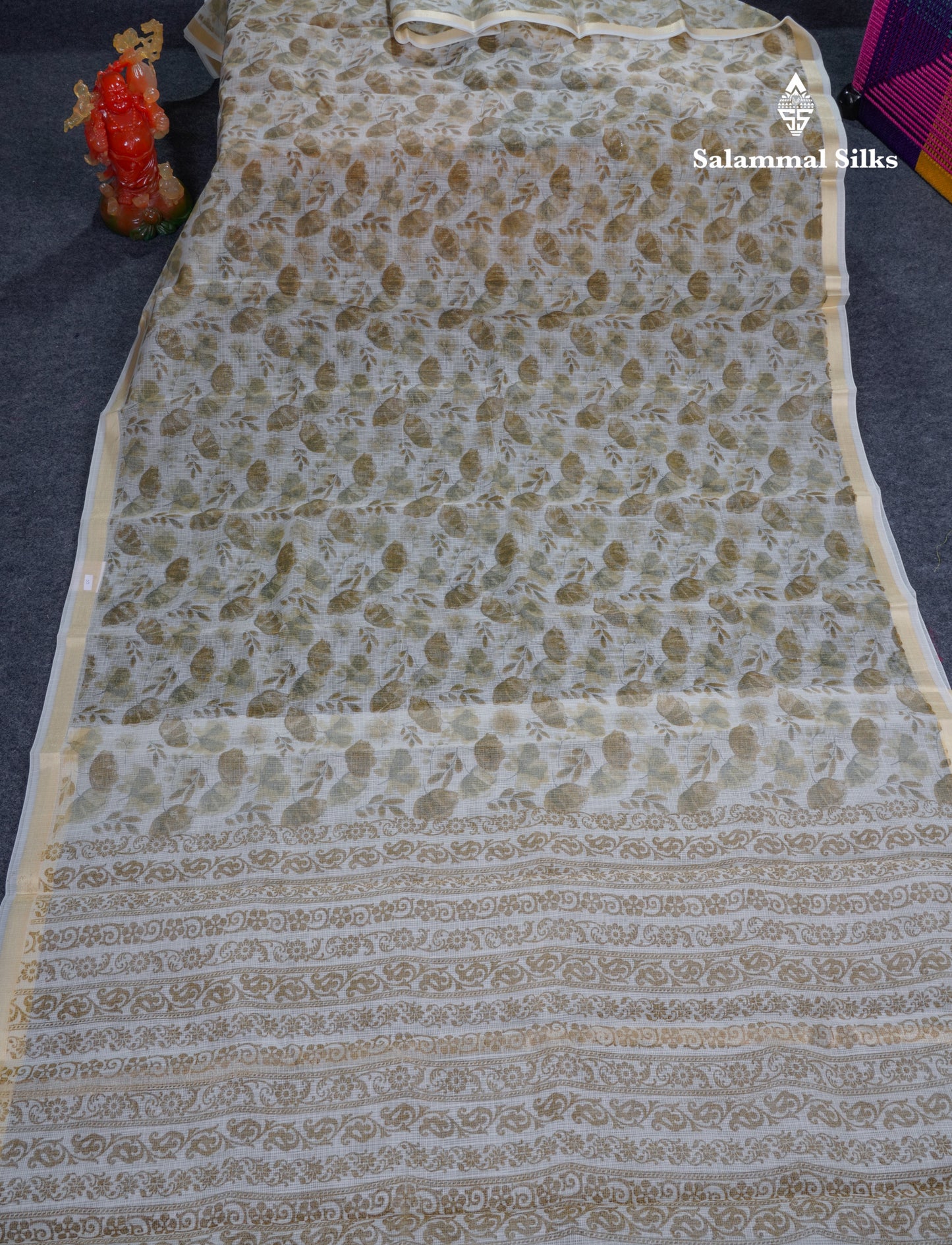 White Printed Kota Cotton Saree With Small Ribbon Border