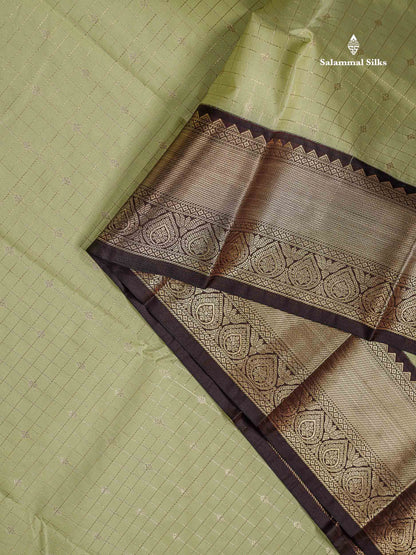 Semi Silk Saree - Light Pista Green Butta With Small Checks Along With Contrast Snuff Brown Traditional Border