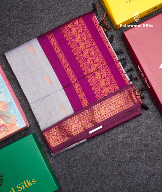 Grey White Kalyani Cotton Saree With Contrast Magenta Border