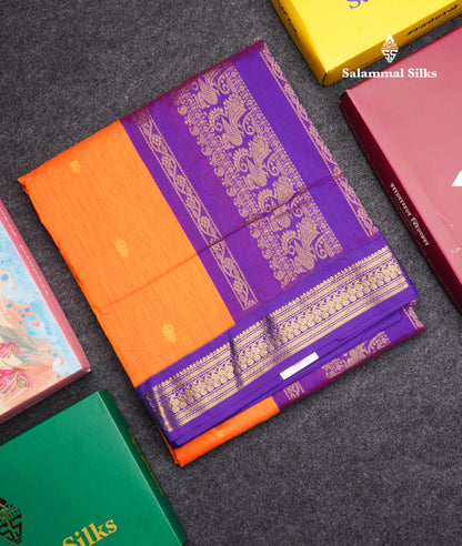 Mango Yellow Kalyani Cotton Saree With Violet Border