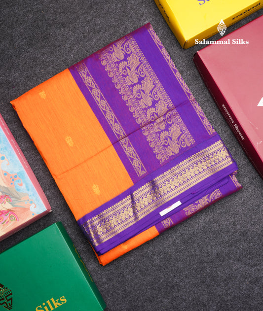 Mango Yellow Kalyani Cotton Saree With Violet Border