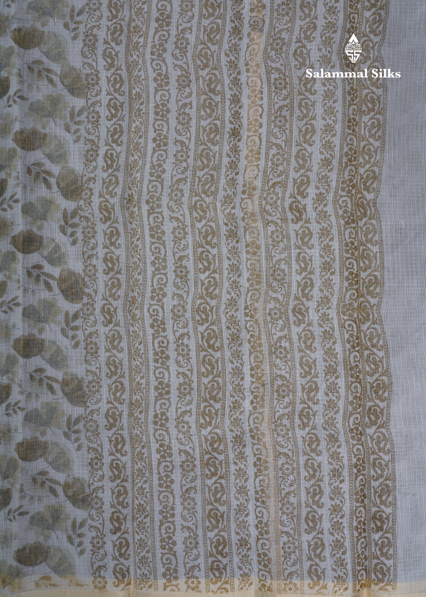 White Printed Kota Cotton Saree With Small Ribbon Border