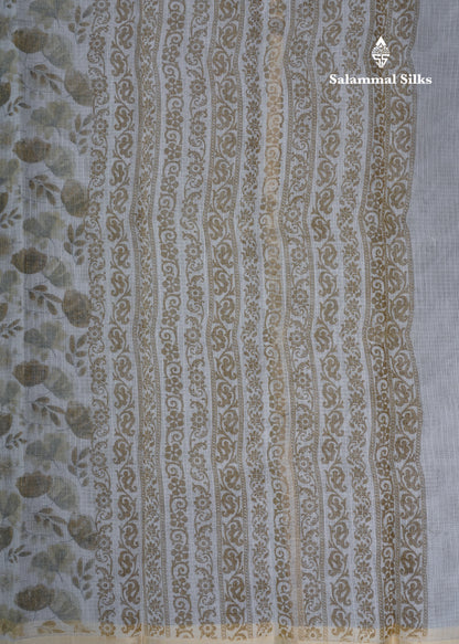 White Printed Kota Cotton Saree With Small Ribbon Border