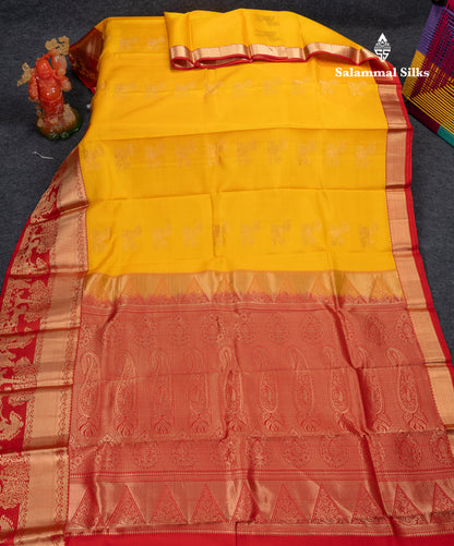 Beautiful Yellow Pure Kanjivaram Silk Saree with Contrast Redish Maroon Traditional Evening Morning Pallakku Border