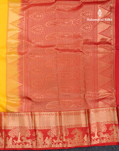 Beautiful Yellow Pure Kanjivaram Silk Saree with Contrast Redish Maroon Traditional Evening Morning Pallakku Border
