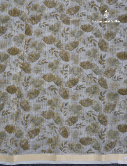 White Printed Kota Cotton Saree With Small Ribbon Border
