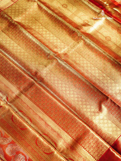Bridal Pure Kanjivaram Silk Saree - Orange Tissue With Contrast Red Border
