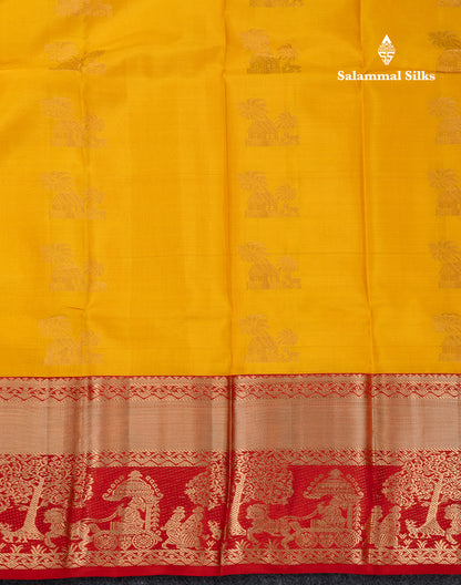 Beautiful Yellow Pure Kanjivaram Silk Saree with Contrast Redish Maroon Traditional Evening Morning Pallakku Border