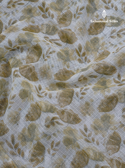 White Printed Kota Cotton Saree With Small Ribbon Border