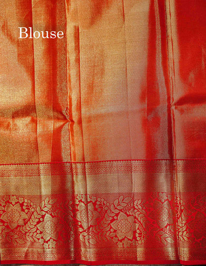 Bridal Pure Kanjivaram Silk Saree - Orange Tissue With Contrast Red Border