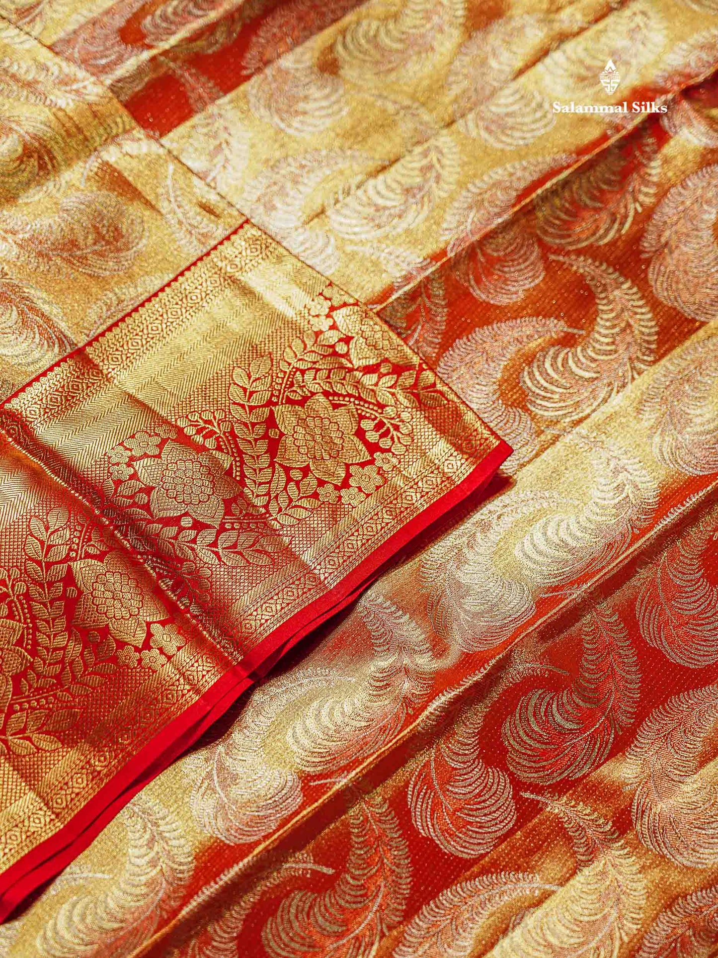 Bridal Pure Kanjivaram Silk Saree - Orange Tissue With Contrast Red Border