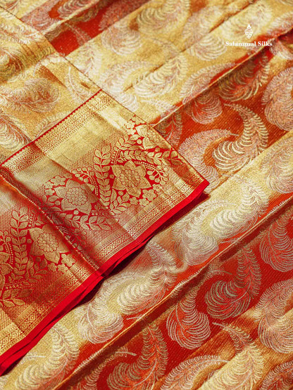 Bridal Pure Kanjivaram Silk Saree - Orange Tissue With Contrast Red Border