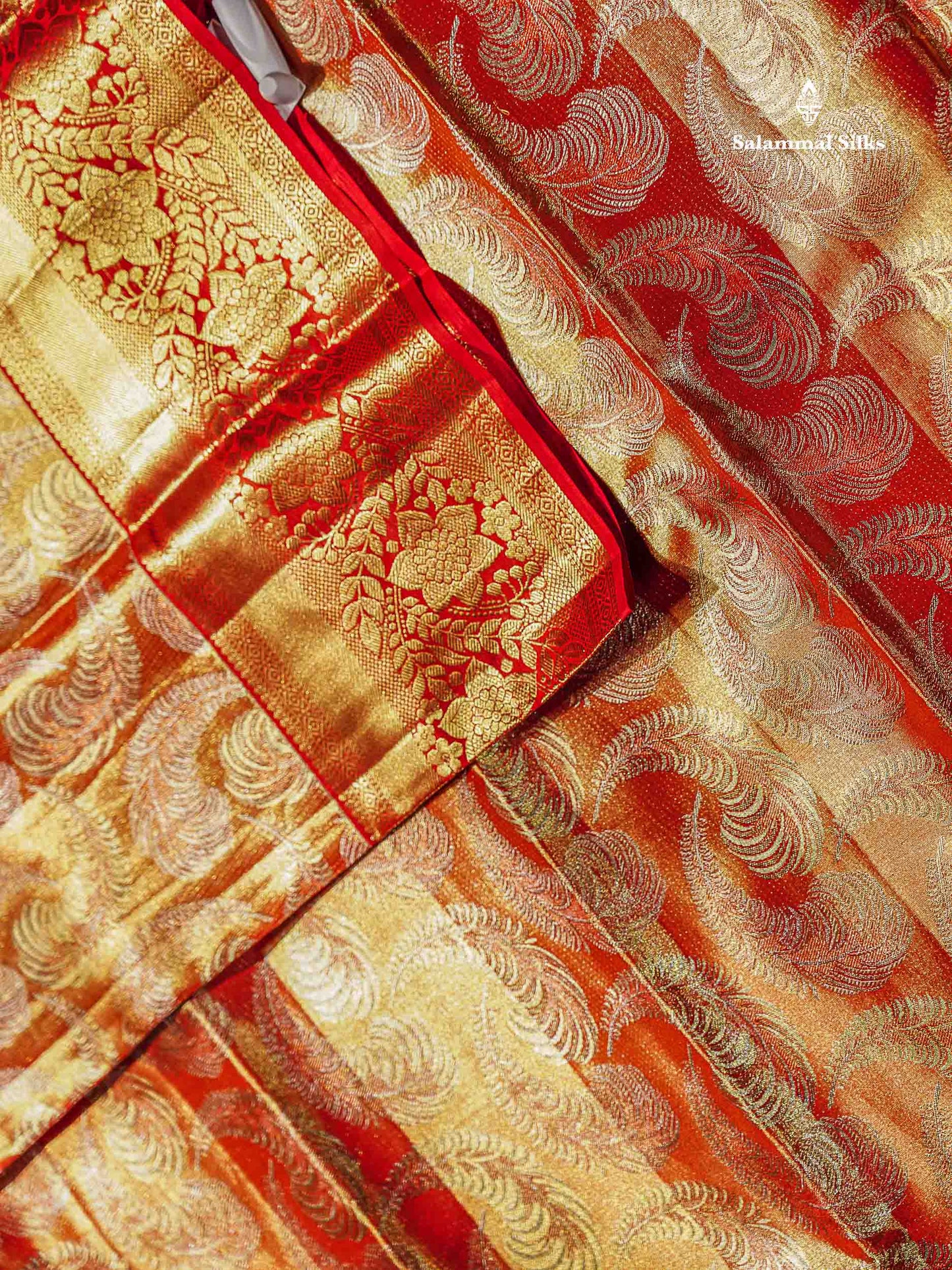 Bridal Pure Kanjivaram Silk Saree - Orange Tissue With Contrast Red Border