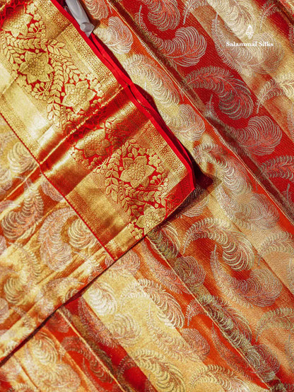 Bridal Pure Kanjivaram Silk Saree - Orange Tissue With Contrast Red Border