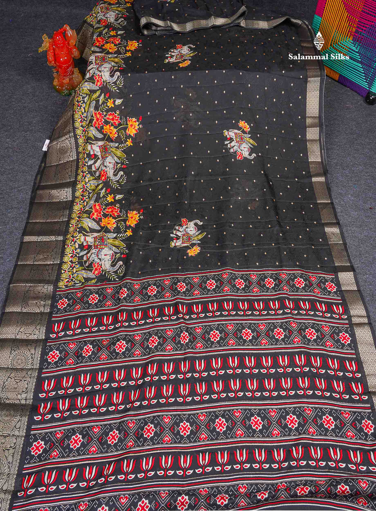 Semi Georgette Saree - Black Colour Body With Fancy Border 