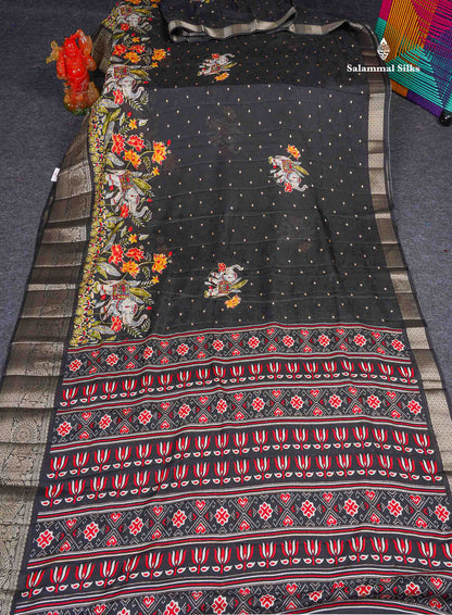 Semi Georgette Saree - Black Colour Body With Fancy Border 