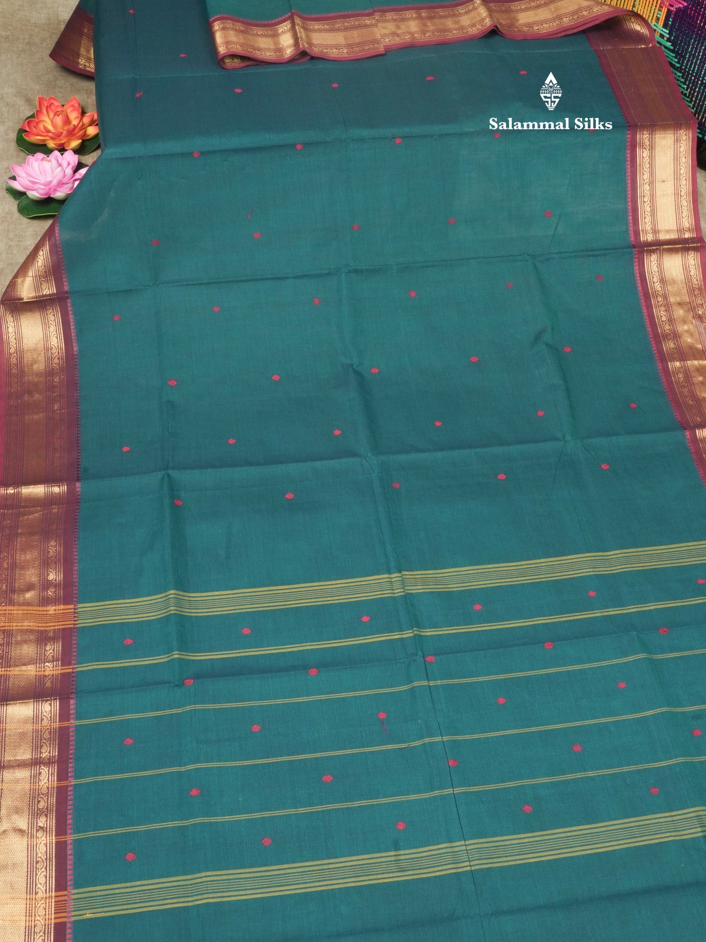 Peacock Blue Beautiful Pure Cotton Saree With Contrast Traditional Dark Maroon Border