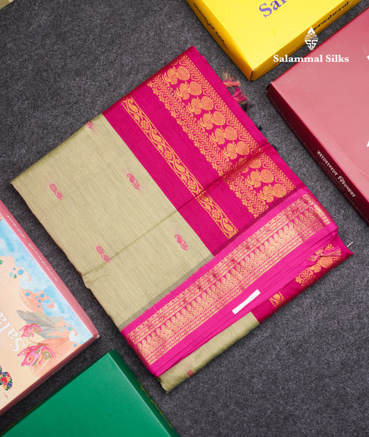Pista Green Kalyani Cotton Saree With Contrast Pink Border