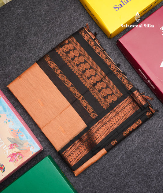 Light Brown Kalyani Cotton Saree With Contrast Black Border