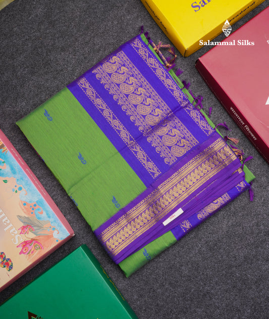 Green Kalyani Cotton Saree With Contrast Violet Border