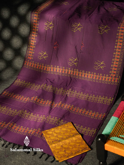 Beautiful Violet Printed South Cotton Saree With Contrast Parrot Green Blouse